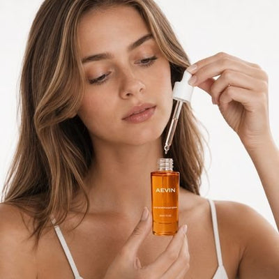 Woman applying AEVIN scalp serum