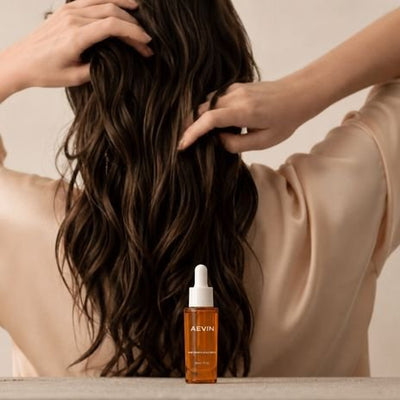 Healthy hair with AEVIN serum bottle